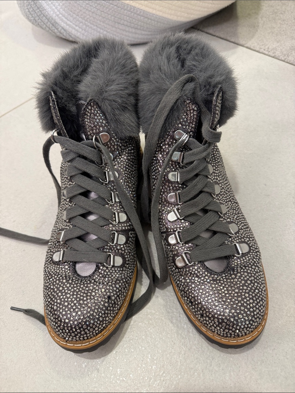 INC International Concepts Gray Crystal-Embellished Fur-Trim Lace-Up Boots